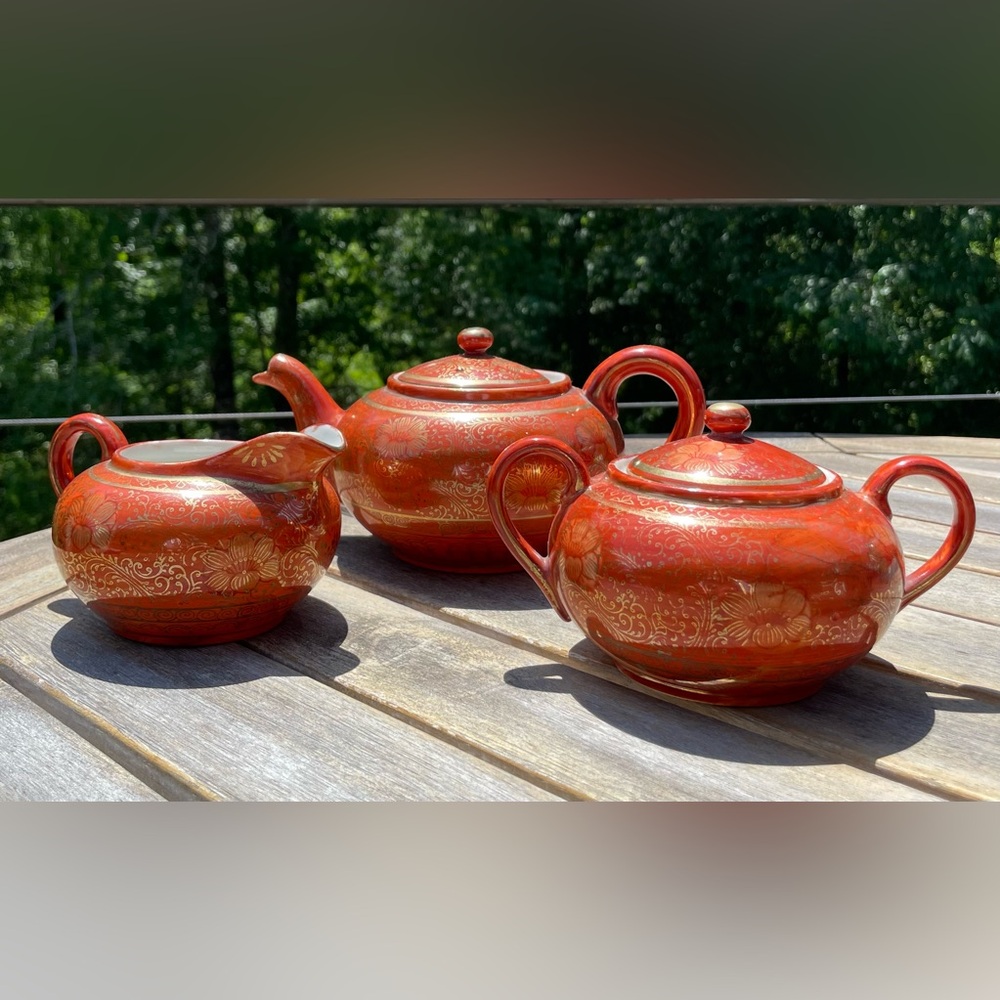 Vintage Japanese Kutani Ware lidded teapot, creamer and lidded sugar bowl
